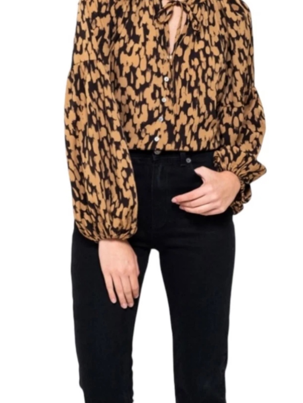 August sky Black and Brown Leopard-Print Button Front Blouse